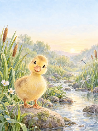 Eendjes bij de beek – riet en libellen