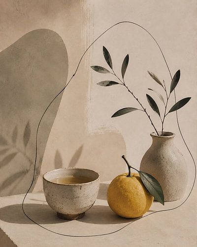 Nature morte minimaliste et sereine avec un citron et des objets en céramique rustiques