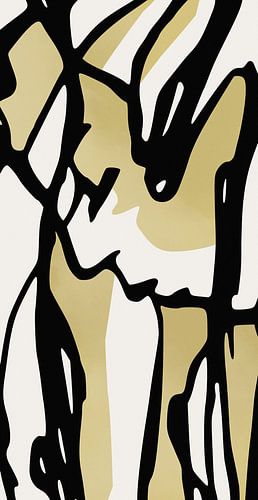 Portrait minimaliste d'une femme à la tête inclinée – art abstrait au trait noir, crème et doré sur Emiel de Lange