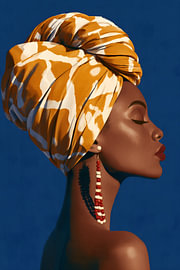 Afrikanische Frau mit ockergelber Turban auf blauem Hintergrund von Steinfox Art