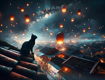Een zwarte kat op het dak van een huis in Thailand bij nacht, die kijkt naar de wens ballonnen van Eye on You