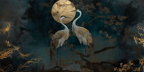 Elegante Kraanvogels bij Maanlicht – Mystiek en Luxe Wandkunst