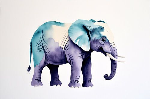 Aquarel olifant in blauw tinten