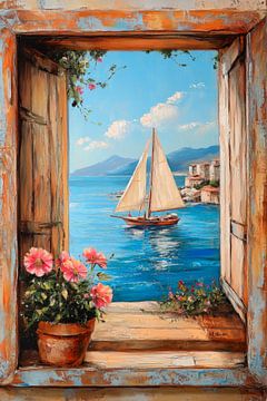Venster met uitzicht op zee van Poster Art Shop