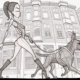 promenade dans la ville de La Haye avec un doberman - en lignes, sur AREND LIMA
