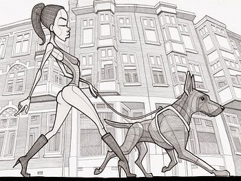 city walk in The Hague with Doberman - in lines,