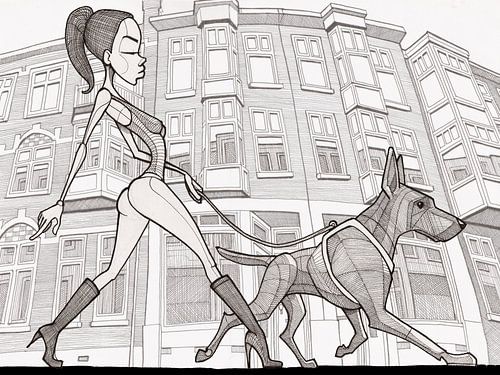 promenade dans la ville de La Haye avec un doberman - en lignes,