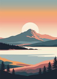 Minimalist flat vector illustration of a majestic mountain and pine forest reflected in a lake by Adam Khabibi
