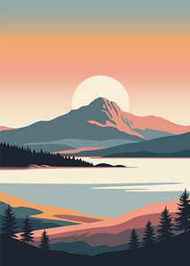 Minimalistische, flache Vektorillustration eines majestätischen Berges und eines Kiefernwaldes, die sich in einem See spiegeln