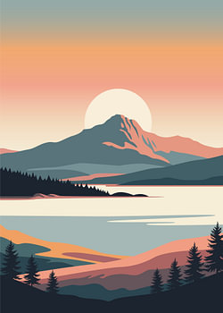 Minimalistische, platte vectorillustratie van een majestueuze berg en een dennenbos die weerspiegeld worden in een meer