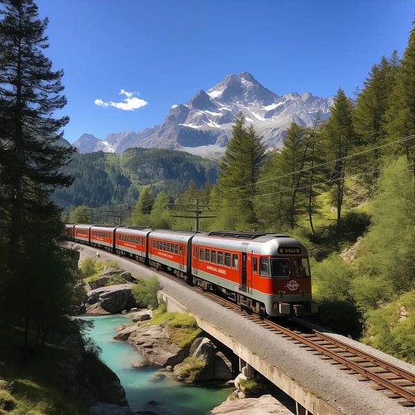 Rhaetian spoorweg met een rode trein van TheXclusive Art
