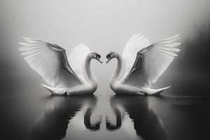 Deux cygnes dans le brouillard