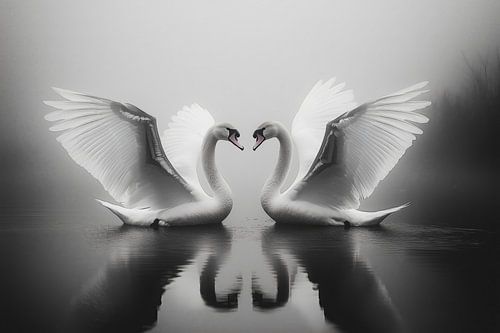 Twee zwanen in de mist