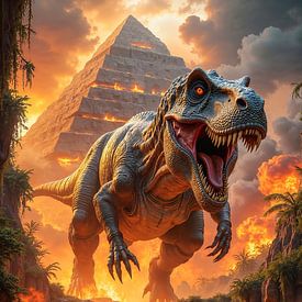 XALTAREX: Ein Dinosaurier Tyrannosaurus Rex vor einer Maya Pyramide im brennenden Dschungel von INFERAURUM
