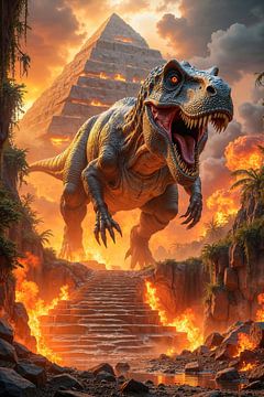 XALTAREX: Ein Dinosaurier Tyrannosaurus Rex vor einer Maya Pyramide im brennenden Dschungel von INFERAURUM