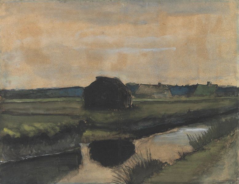 Landschap met een Turfstapel en boerderijen, Vincent van Gogh van Meesterlijcke Meesters