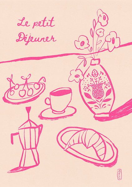 Le Petit Dejeuner Breakfast Poster in Pink by Dirkie Nell