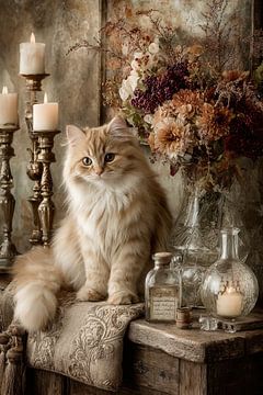 Cat with flowers and candles - Romantic painting by Joriali photography and paintings
