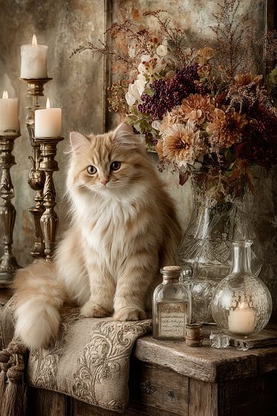 Cat with flowers and candles - Romantic painting by Joriali photography and paintings