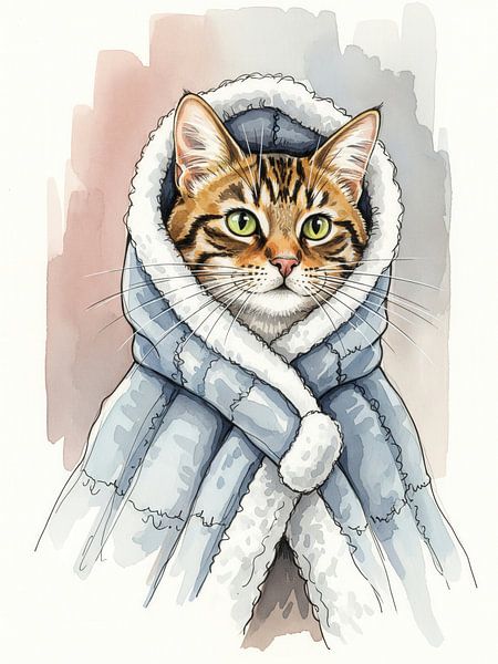 Watercolor Painting of Tabby Cat in Fur-Trimmed Coat by Markus Gann