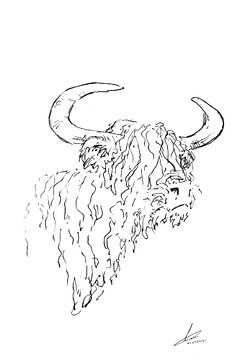 Scottish highlander - right - minimalist drawing in white black by Emiel de Lange