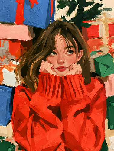 Mädchen im roten Pullover zwischen den Weihnachtsgeschenken