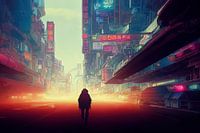 Eenzame voetganger in een drukke straat in Neo Megacity
