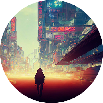 Eenzame voetganger in een drukke straat in Neo Megacity van Josh Dreams Sci-Fi