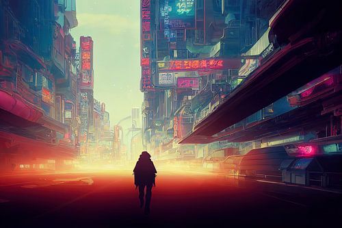 Lone pedestrian on a busy street in Neo Megacity