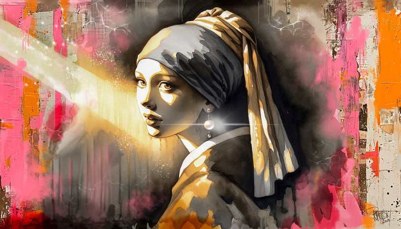Modernes Mädchen mit dem pareI Johannes Vermeer "Schattenspiel der Farbe" von René van den Berg