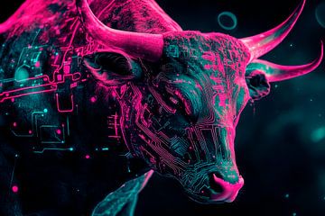 Digitale stier in neonkleuren van Poster Art Shop