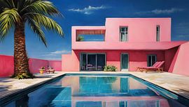 Pinke Haus mit Palme Pool