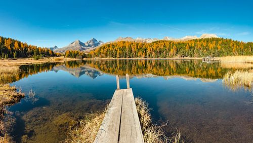 Steiger aan het meertje Lej da Staz, Sankt Moritz, Graubünden, Engadin, Zwitserland