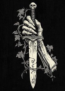 Gothic Skelett-Hand hält Schwert mit Ranken und Totenschädel