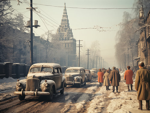 Soviet Russia in the 1950s, in the winter morning light