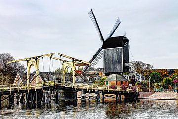 Rembrandt bridge with windmill De Put Leiden Netherlands