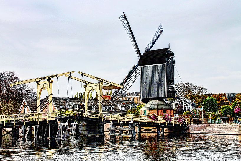 Rembrandtbrug met molen De Put Leiden Nederland van Hendrik-Jan Kornelis