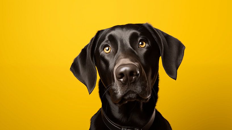 Gros plan d'un labrador retriever noir sur un fond jaune vif. par Animaflora PicsStock