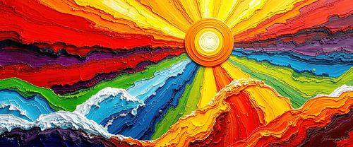 Geboren in het licht van de rijzende zon - Een abstracte zon in het spectrumBorn in the light of the rising sun - Een stralende zon in het spectrum van de regenboog als symbool van oorsprong, beweging en de samensmelting van natuur en emotie Emotie