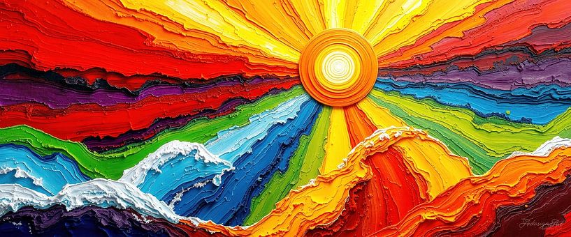 Geboren in het licht van de rijzende zon - Een abstracte zon in het spectrumBorn in the light of the rising sun - Een stralende zon in het spectrum van de regenboog als symbool van oorsprong, beweging en de samensmelting van natuur en emotie Emotie van AidasignArt