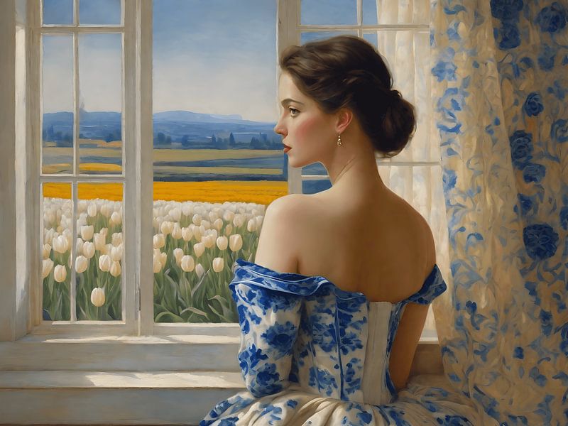 Een portret van een dame in een delfts blauw jurk van Jolique Arte