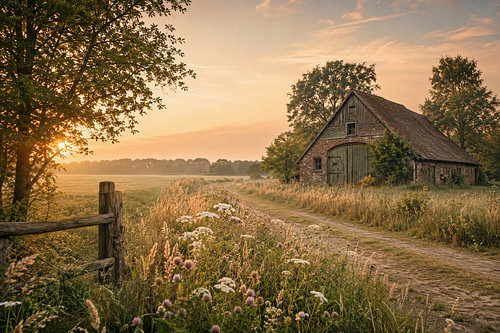 Ein goldener Morgen auf dem alten Bauernhof
