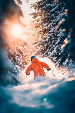 Skiërs in het besneeuwde bos van Poster Art Shop