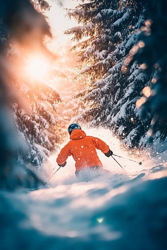Skiërs in het besneeuwde bos