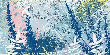 Modernes abstraktes Botanical in Pastellrosa, Blau, Gelb und Weiß von Dina Dankers