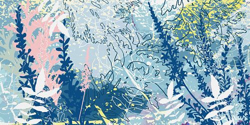 Modern Abstract Botanical in pastel pink, blue, yellow and white by Dina Dankers