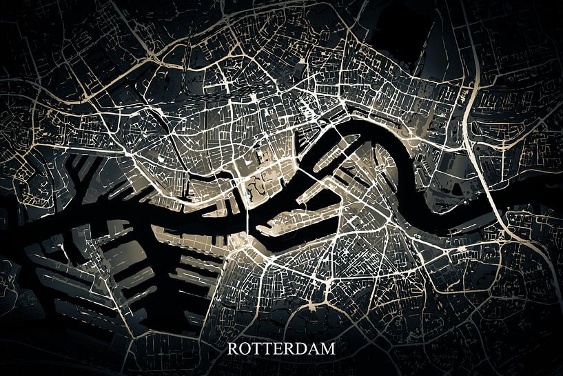 Rotterdam - Abstract Map in Black Gold Yellow by Art By Dominic