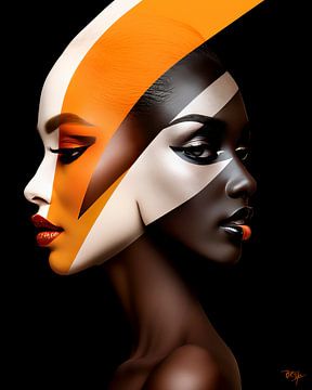 Wie kijkt er? Close up portret in oranje, wit,zwart van René van den Berg