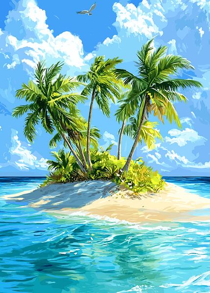 Tropische Insel mit Palmen und türkisblauem Meer von Pixelbull Design