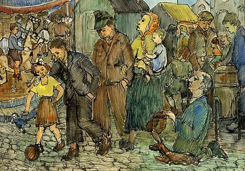 Vlooienmarkt en kermis in de Marollen te Brussel rond 1965 - inkt en waterverf op papier